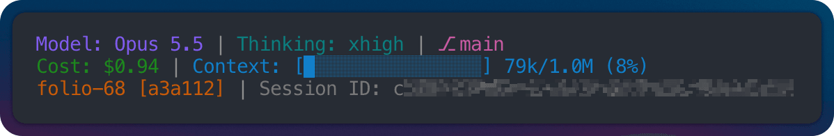 A three-line Claude Code status line on a dark terminal. Line one: model, thinking effort, and git branch. Line two: session cost and a context usage bar. Line three: the session name and ref, folio-68 [a3a112], then a blurred session ID.