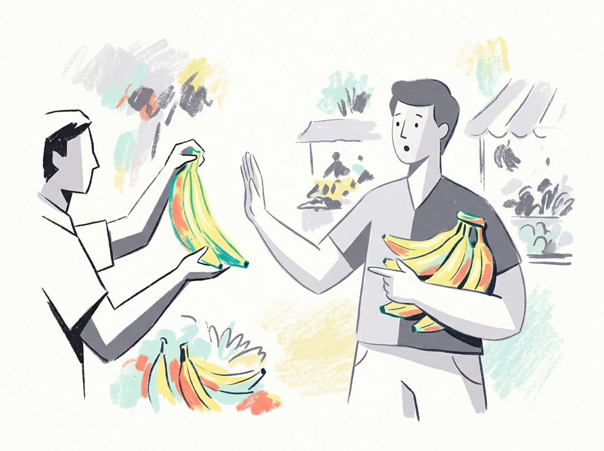 Illustration of two people comparing bunches of bananas at a market