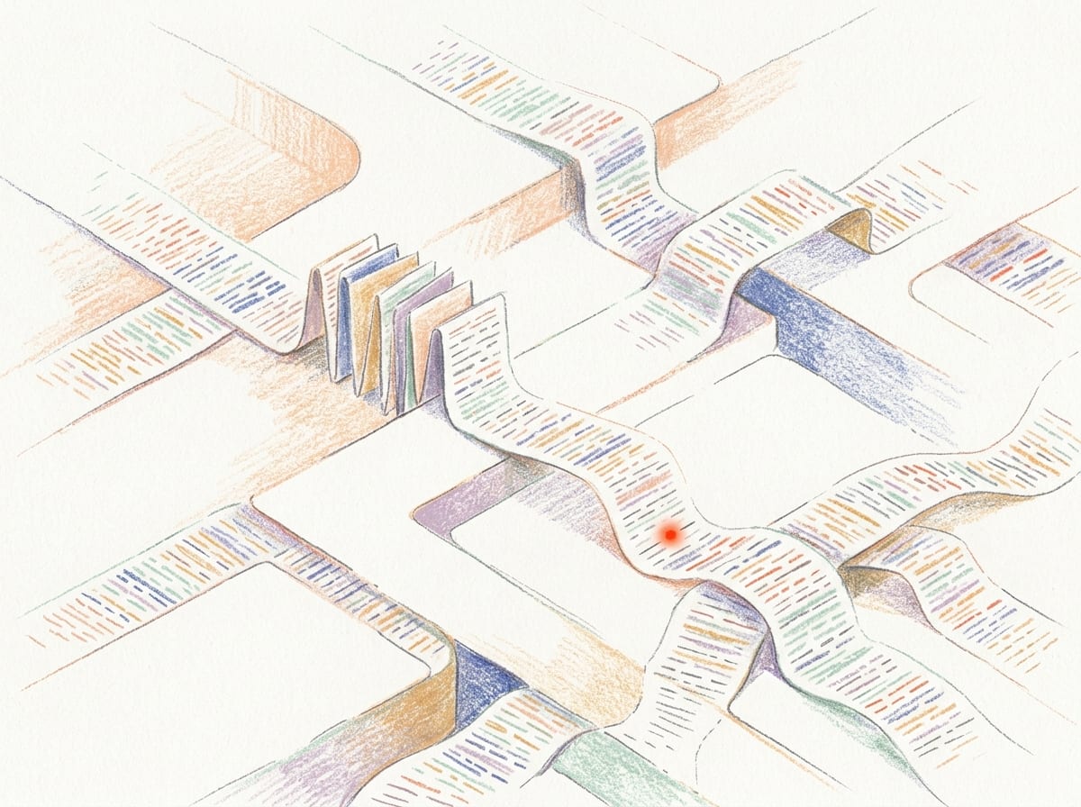 Pastel illustration of branching transcript ribbons with one exact session moment highlighted