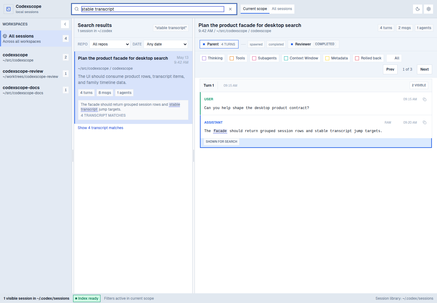 Codexscope search results beside a session transcript