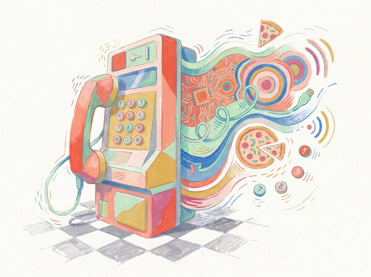 Pastel illustration of a pizza-shop payphone opening into colorful circuitry and sound