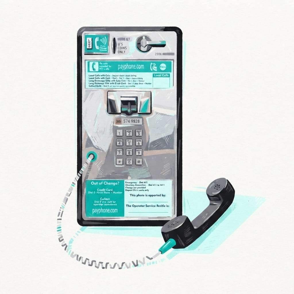 Pastel illustration of the payphone with its handset resting beside it