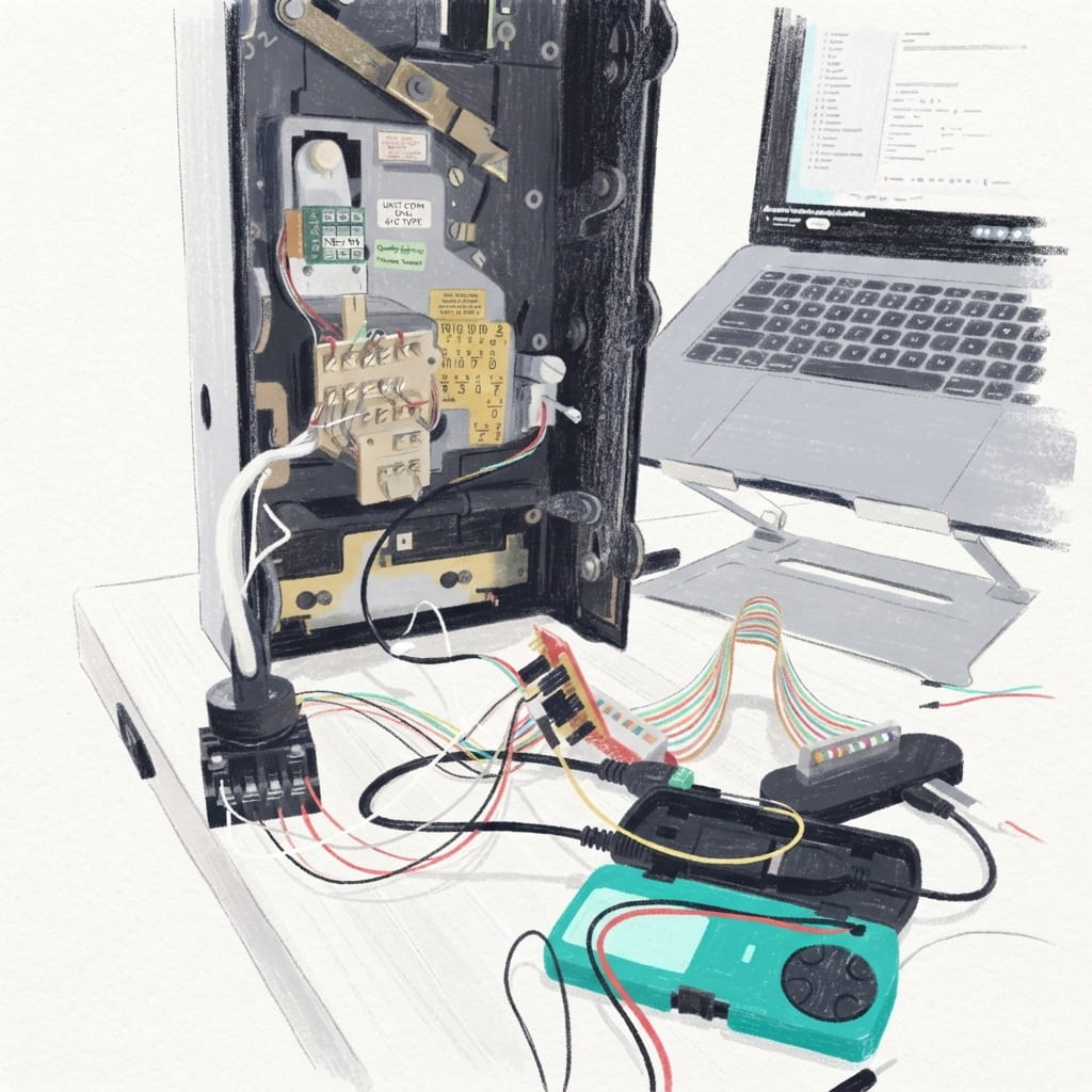 Pastel illustration of the open payphone cabinet, prototype wiring, and a laptop