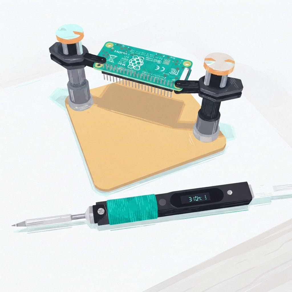 Pastel illustration of a Raspberry Pi board held for soldering beside a soldering iron