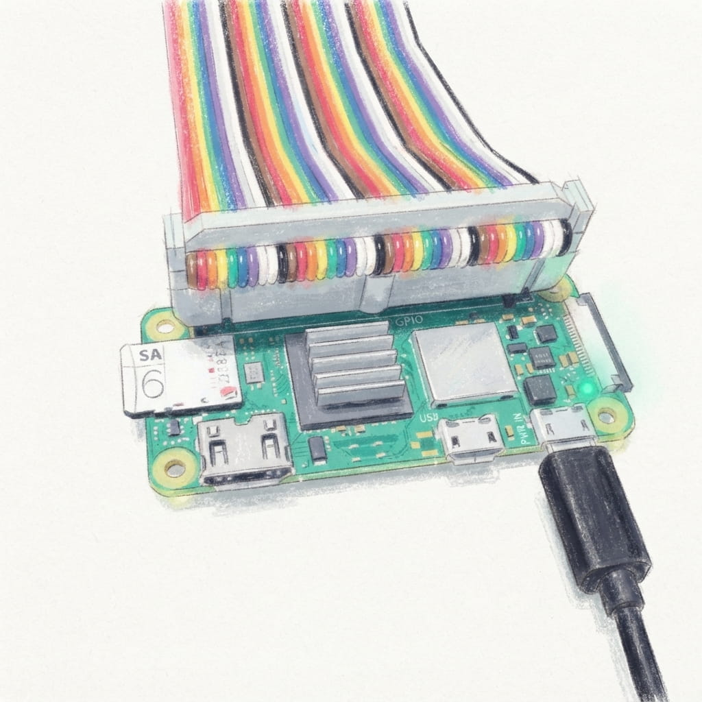 Pastel illustration of a Raspberry Pi Zero 2 W connected to a rainbow GPIO ribbon cable