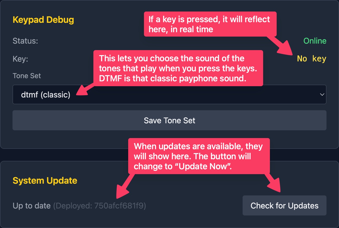 The payphone control panel showing that its software is up to date