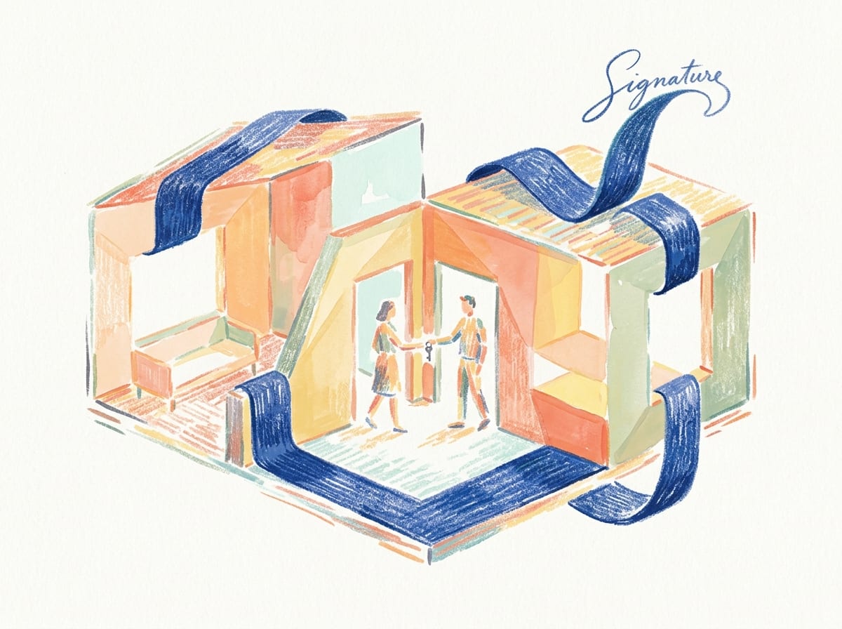 Pastel illustration of two people exchanging a key inside a ribbon-wrapped apartment