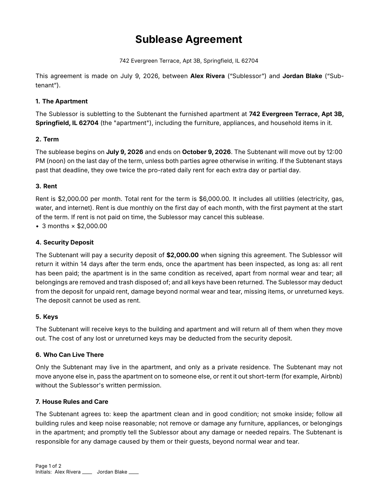 The first page of a fictional sublease generated by Lease PDF