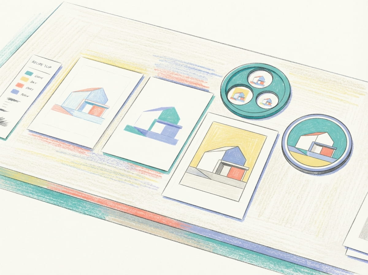 Pastel illustration of three image proofs being compared and prepared as a finished circular asset