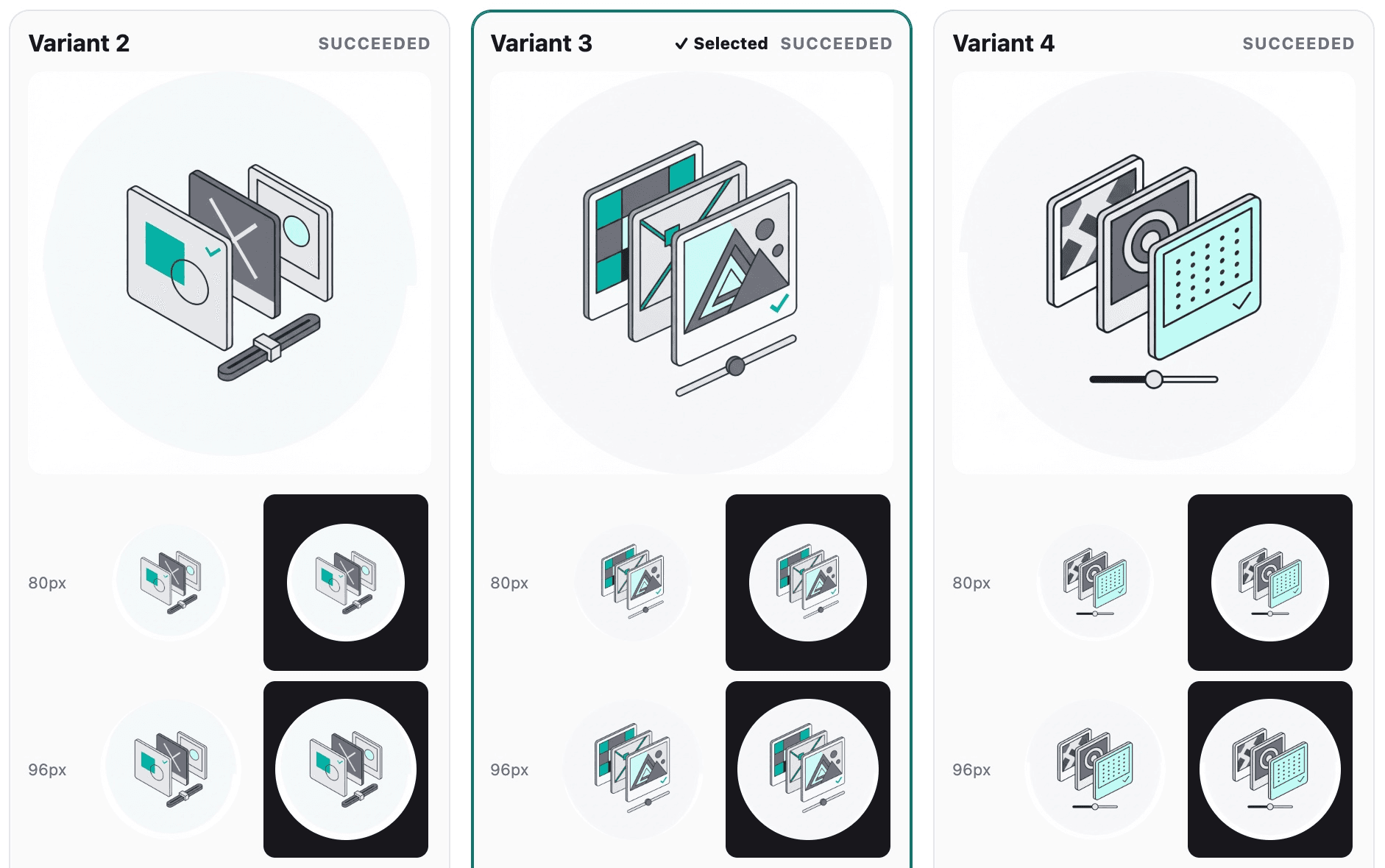The Nano Banana Workbench comparing three generated icon variants at full and production preview sizes