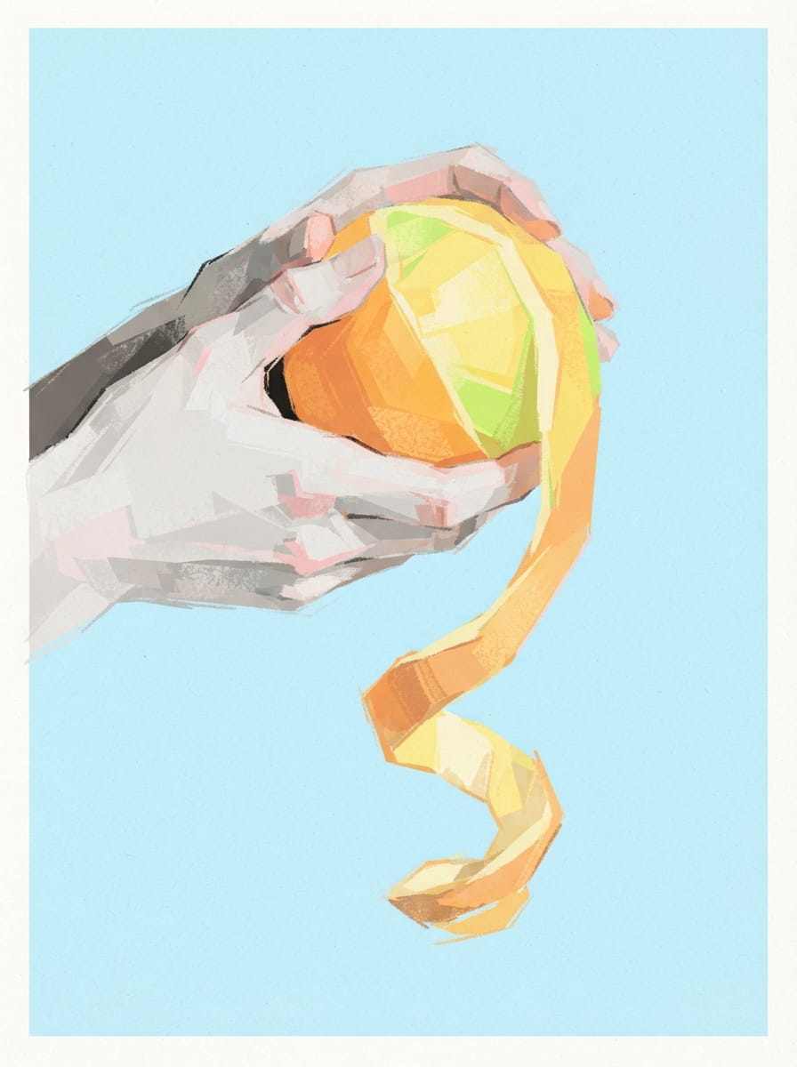 Airy pastel illustration of two hands peeling an orange in one long spiral