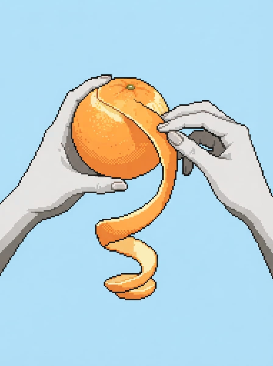 Pixel art illustration of two hands peeling an orange in one long spiral