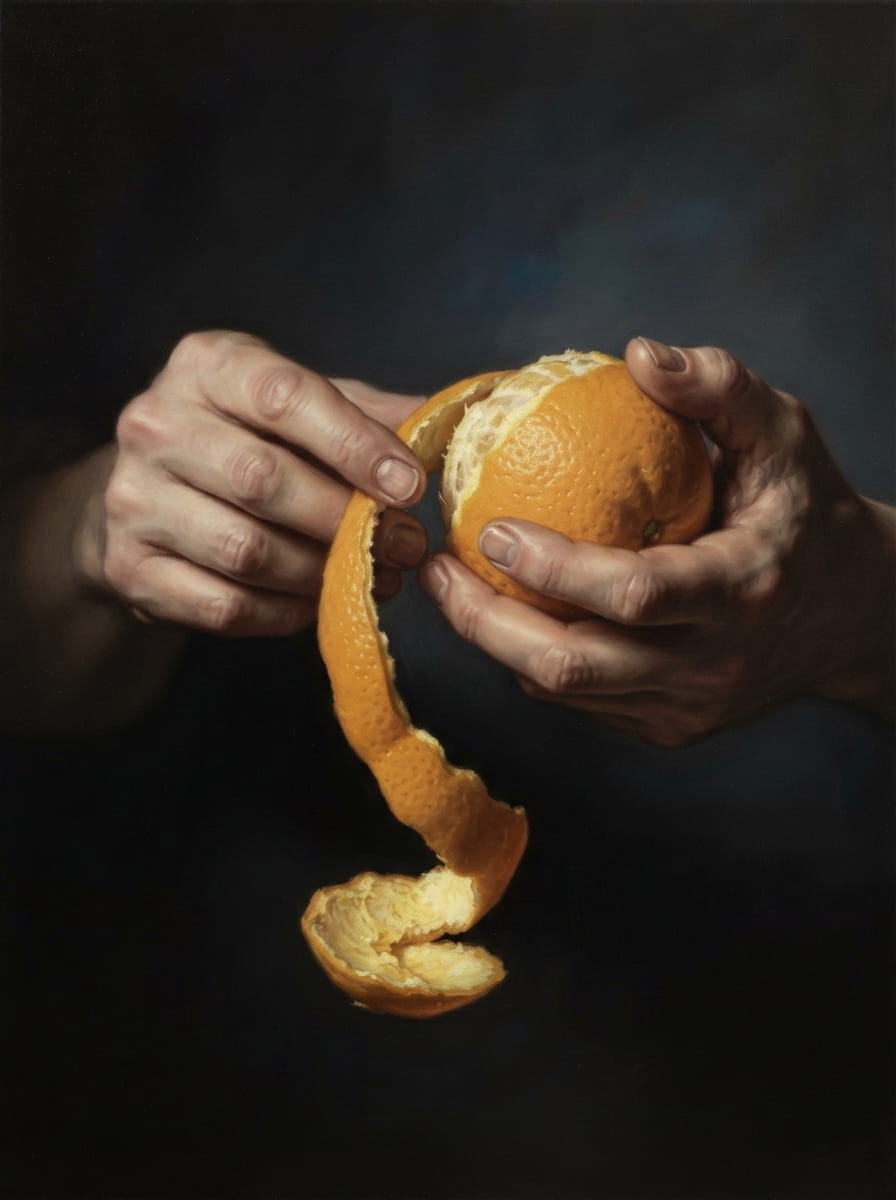 Dark oil painting of two hands peeling an orange under focused light