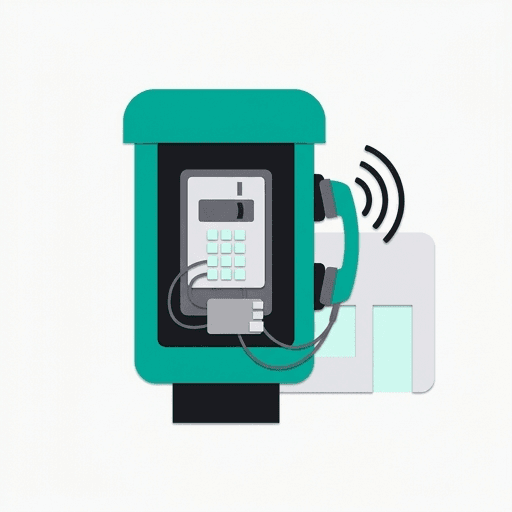 Flat cut-paper payphone with its handset, wiring, and a wireless signal