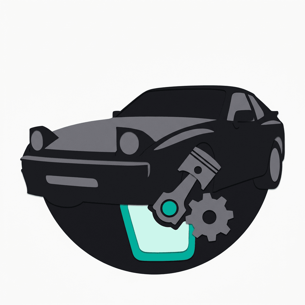 Flat cut-paper Porsche 944 icon with a piston and gear over a teal lift
