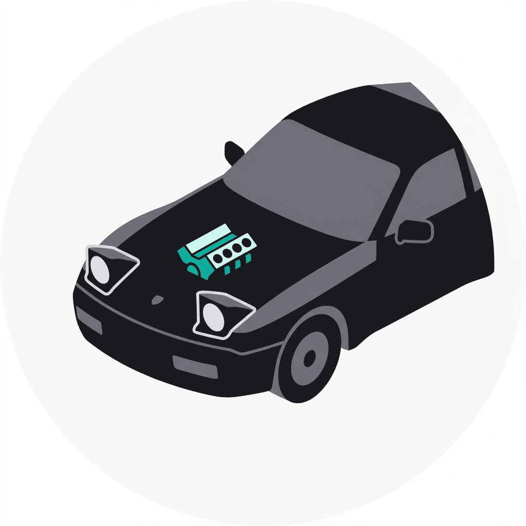 Geometric isometric Porsche 944 icon with a teal engine symbol on the hood