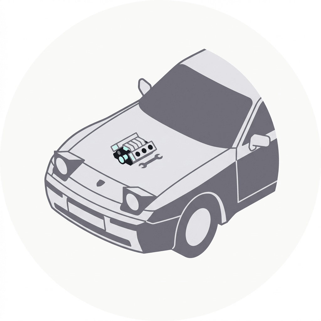 Geometric isometric Porsche 944 icon with an engine and wrench resting on the hood