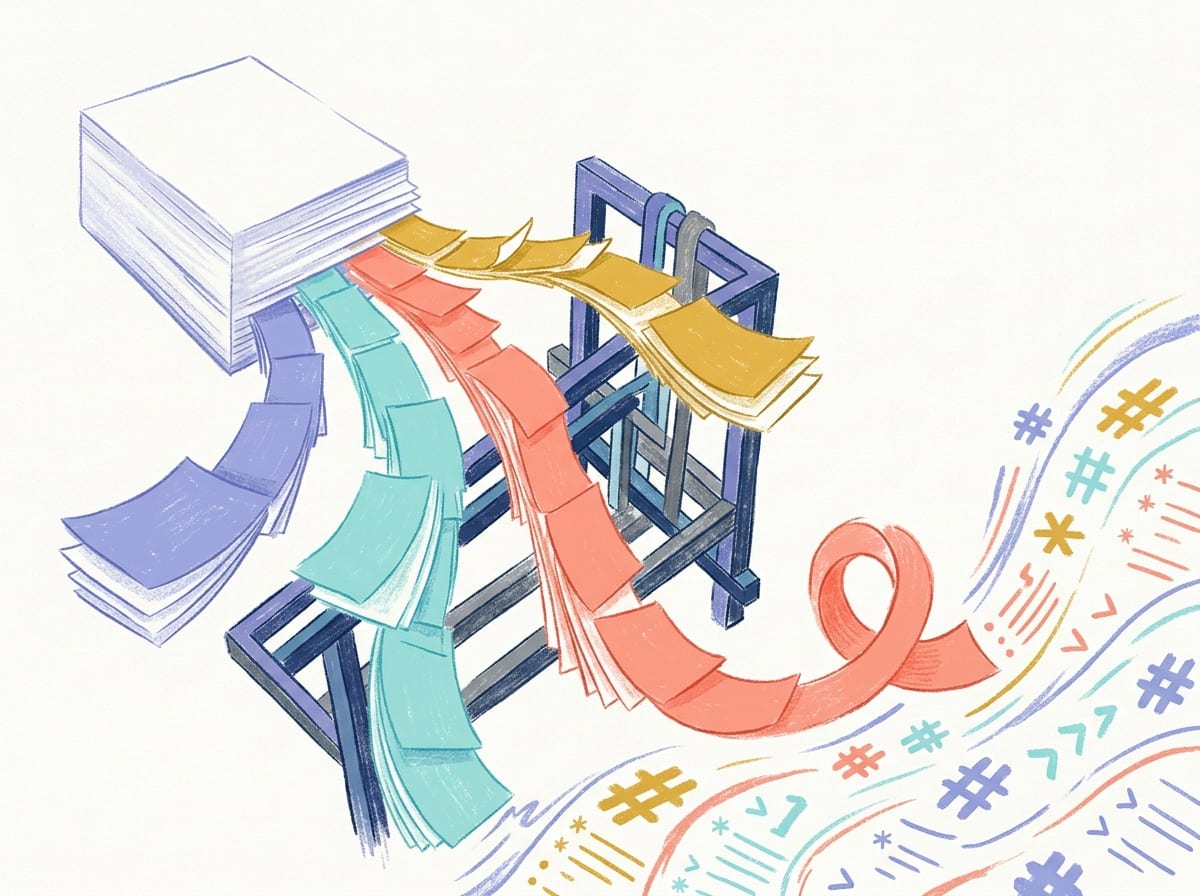 Pastel illustration of PDF pages splitting into parallel streams and rejoining as Markdown