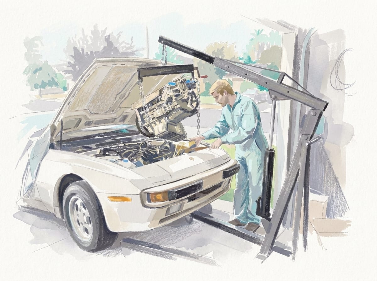 Pastel illustration of a creme Porsche 944 with its engine suspended from a garage hoist