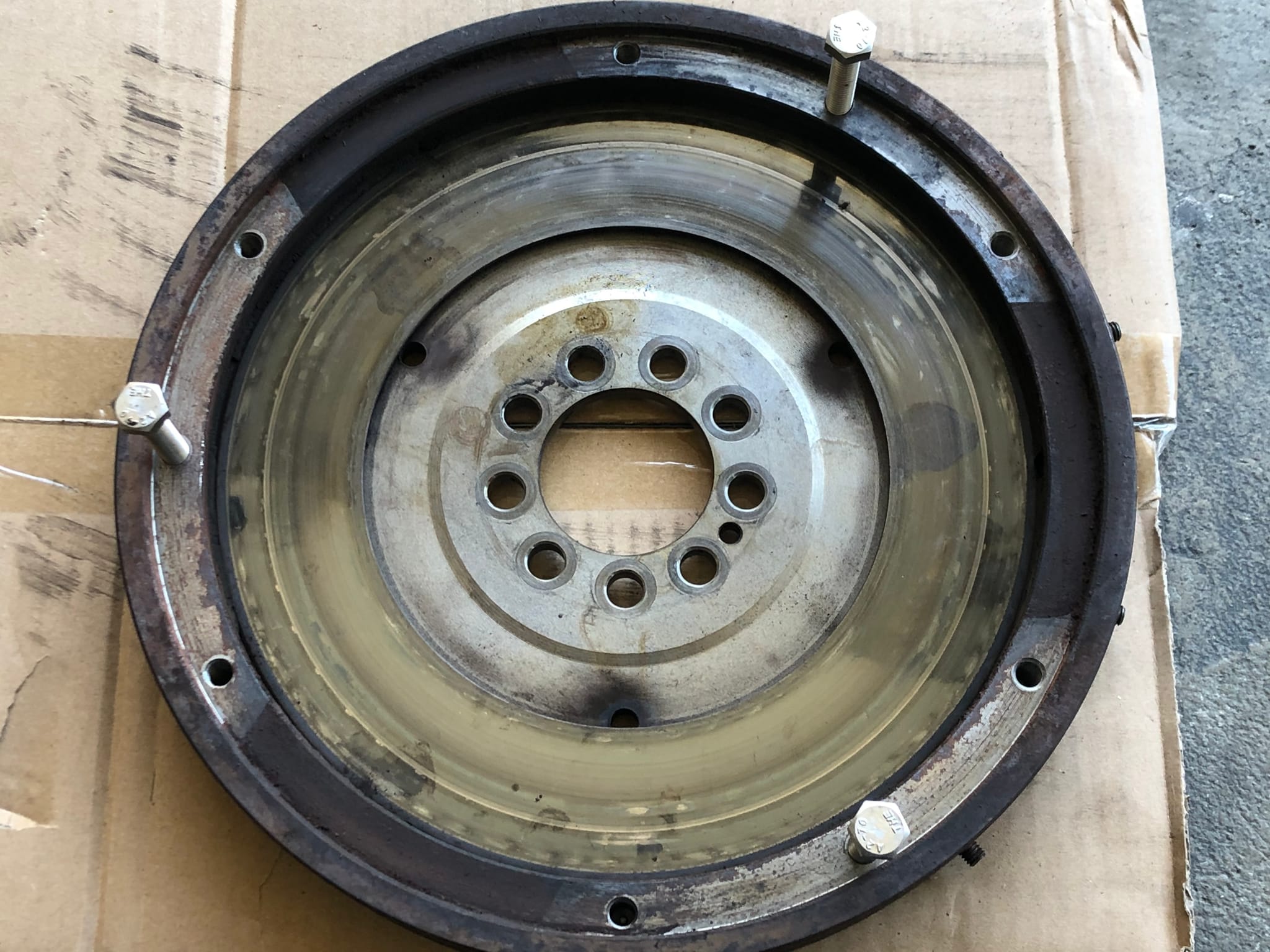 The worn Porsche 944 flywheel as it came out of the car