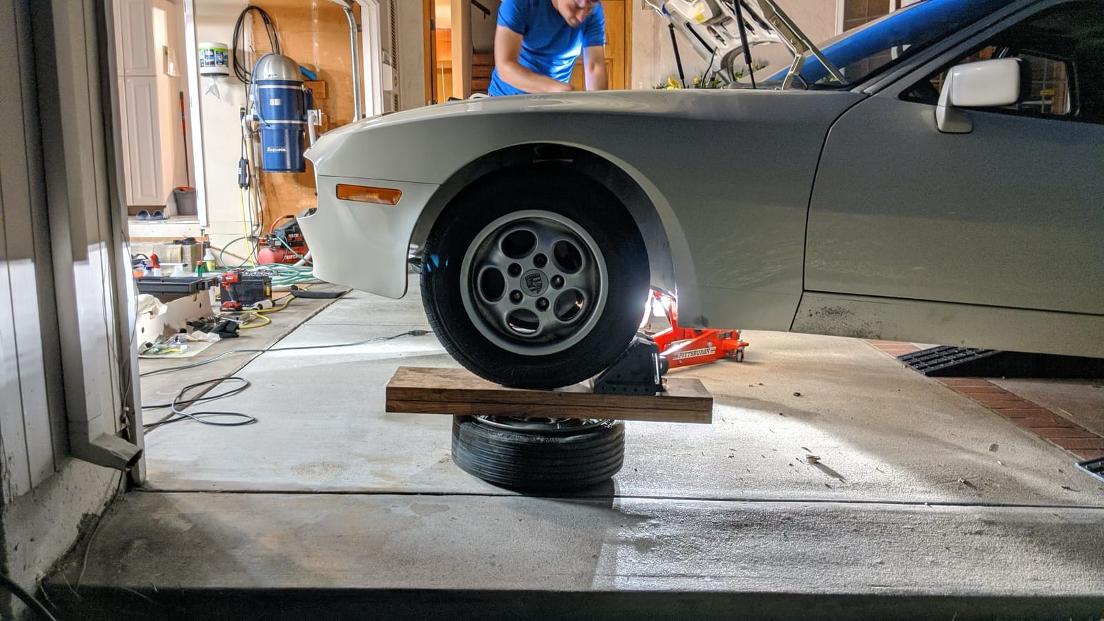 Lifted for underbody work in the garage.