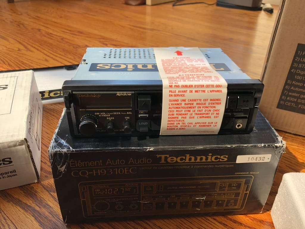A new-old-stock Technics car stereo from the 1980s, sealed in its original box