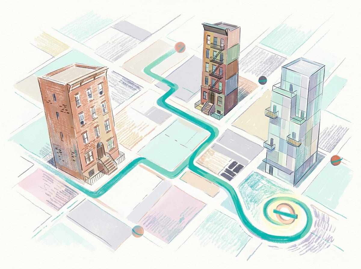 Pastel illustration of three NYC apartment buildings on a street grid connected by a walking route to transit